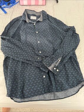 Express Navy Blue Floral Button-Down Shirt slim soft wash 2XL XXL front pocket